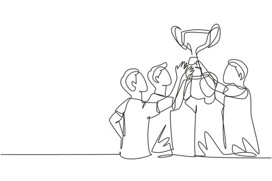 Single one line drawing male athlete team in sports jersey holding golden trophy together. Celebrating victory of international championship. Continuous line draw design graphic vector illustration