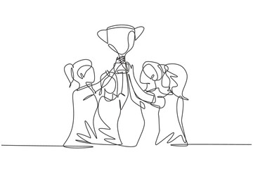 Continuous one line drawing female athlete team in sports jersey holding golden trophy together. Celebrating victory of international championship. Single line draw design vector graphic illustration