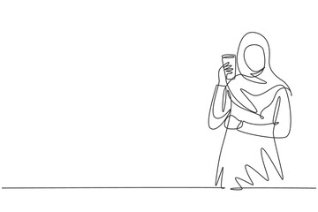 Single continuous line drawing portrait of happy beautiful Arabian woman holding glass of orange juice. Make her refreshing in summer season. Dynamic one line draw graphic design vector illustration