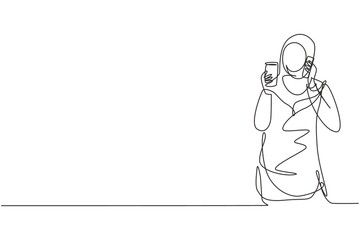 Continuous one line drawing young beautiful Arab woman drinking orange juice while making phone call with smartphone and having breakfast at home. Single line draw design vector graphic illustration