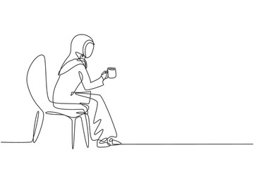 Single continuous line drawing young Arabian girl sitting in modern chair, enjoying coffee in front of window at cozy home, side view concept. Dynamic one line draw graphic design vector illustration