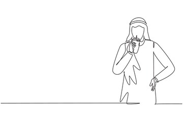 Continuous one line drawing portrait of young Arabian handsome male drinking orange juice from plastic cup. Make him refreshing in summer season. Single line draw design vector graphic illustration