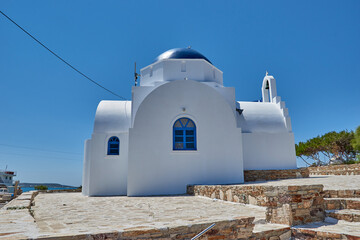 Iconic view of a typical greek orthodox church in Antiparos island, Cyclades, Greece.