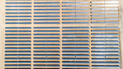 Rows of Solar panels in Solar Farm in rural Chile. Solar energy farm. High angle, elevated view of...