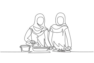 Continuous one line drawing two Arabian woman pouring cooking oil from bottle into frying pan on stove. Prepare food in kitchen. Cooking at home. Single line draw design vector graphic illustration