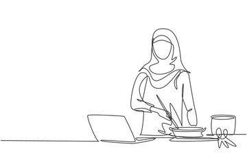 Single one line drawing Arabian woman cooking dinner has video call conversation in kitchen. Female talking with friend using application on laptop. Continuous line design graphic vector illustration