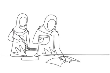 Single continuous line drawing two Arab woman cooking meal while reading tutorial book on cozy kitchen table at home. Healthy food lifestyle. Dynamic one line draw graphic design vector illustration