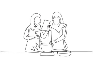Single continuous line drawing two Arab woman cooking while reading book she is holding. Healthy food lifestyle concept. Cooking at home. Prepare food. One line draw graphic design vector illustration