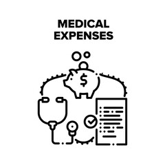 Medical Expenses Vector Icon Concept. Medical Expenses On Health Treatment, Piggybank For Collect Money And Insurance Agreement Healthcare Document. Payment For Patient Examination Black Illustration