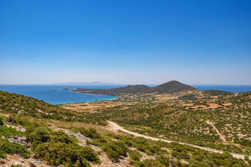 Fototapeta na wymiar Iconic aerial view From the entrance of the cave of Antiparos island towards the aegean sea in Cyclades, Greece
