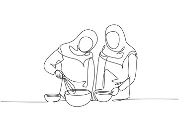 Single continuous line drawing two Arab woman talks on smartphone while preparing dinner in cozy kitchen and knead cake dough using manual hand mixer. One line draw graphic design vector illustration