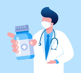 Doctor with medical bottle flat vector illustration for banner 