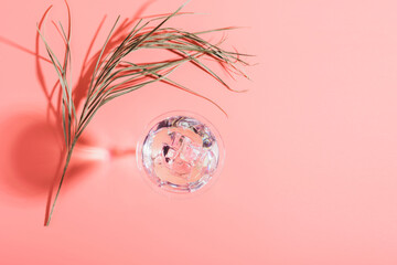 Martini with ice elegant glass against a pink background a branch palm plant. Fashionable bright...