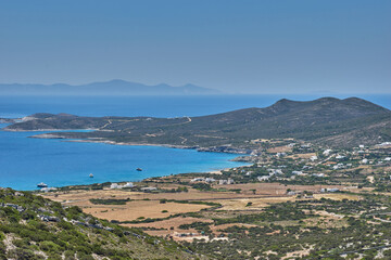 Iconic aerial view From the entrance of the cave of Antiparos island towards the aegean sea in Cyclades, Greece