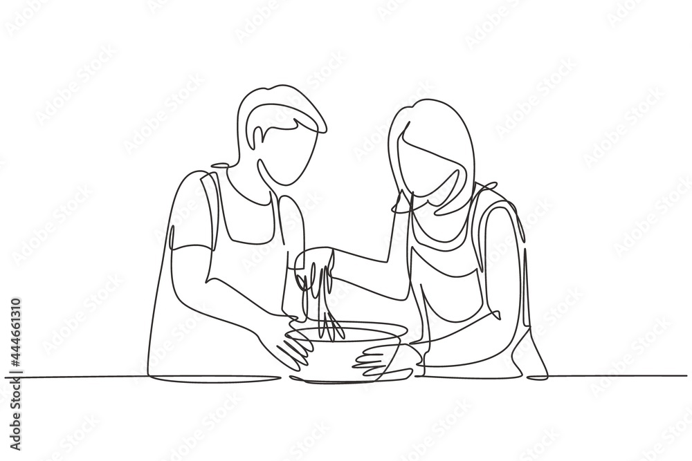 Wall mural single continuous line drawing happy romantic couple knead cake dough using manual hand mixer. enjoy