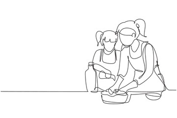 Single one line drawing cute little daughter helping her mother make dough by adding olive oil. Pastry preparation in cozy kitchen at home. Continuous line draw design graphic vector illustration