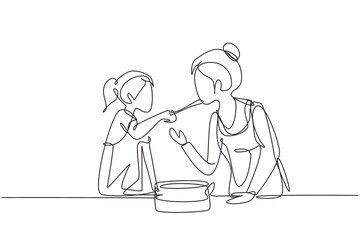 Single one line drawing happy mother tasting food given by her beautiful daughter. Cooking for lunch together in cozy kitchen at home. Modern continuous line draw design graphic vector illustration