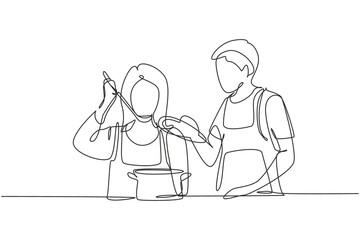 Single continuous line drawing handsome husband holding pan lid and his beautiful wife tasting food using cooking spoon. Cooking together in kitchen. One line draw graphic design vector illustration