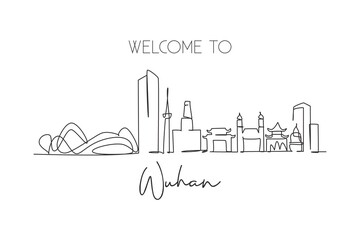 Fototapeta na wymiar Single continuous line drawing Wuhan skyline, China. Asia famous city scraper landscape gallery. World travel home wall decor art poster print concept. Modern one line draw design vector illustration