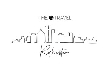 Fototapeta premium Single one line drawing Rochester city skyline, Minnesota. World historical town landscape. Best holiday destination postcard. Editable stroke trendy continuous line draw design vector illustration
