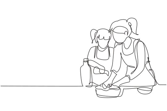 recommend clip art: Single one line drawing cute little daughter helping her mother make dough by adding olive oil. Pastry preparation in cozy kitchen at home. Continuous line draw design graphic vector illustration