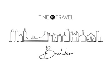 Single one line drawing Boulder city skyline, Colorado. World historical town landscape print. Best holiday destination postcard. Editable stroke trendy continuous line draw design vector illustration © Simple Line
