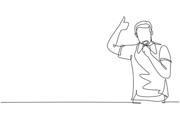 Single one line drawing young man wearing jersey biting his medal after winning world sports competition. Unforgettable moment of victory. Continuous line draw design graphic vector illustration