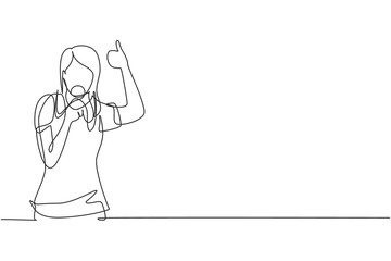 Continuous one line drawing young woman wearing jersey biting her medal after winning world sports competition. Unforgettable moment of victory. Single line draw design vector graphic illustration