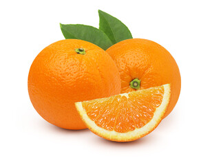 Orange fruit with orange slices and leaves isolated on the white background.