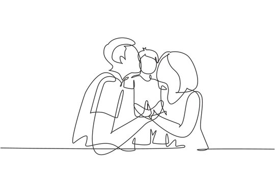 Continuous one line drawing parents kissing their little boy on his cheeks. Adorable child with an innocent expression. National children's day. Single line draw design vector graphic illustration - Powered by Adobe
