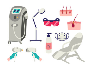 Laser hair removal set of design elements isolated on white background. Vector illustration of equipment, epilator, gel, goggles, cosmetic chair, lamp in simple flat style
