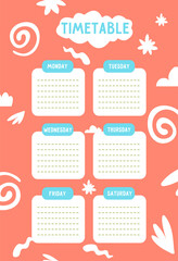 Kids school timetable template for the week, to-do sheet, a planner with abstract elements on red background