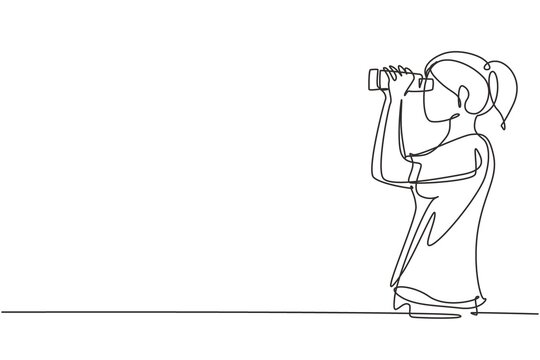 Single continuous line drawing girl looking in distance with binoculars. Enjoy beauty of nature as far as the eye can see. Find something interesting. One line draw graphic design vector illustration