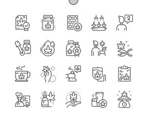 Medical cannabis. Approved. Cannabidiol. Cannabis treatment. Harvest. Pixel Perfect Vector Thin Line Icons. Simple Minimal Pictogram