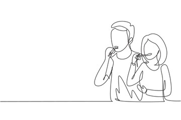 Continuous one line drawing happy couple bonding while brushing teeth in bathroom. Routine habits for cleanliness and health of mouth and teeth. Single line draw design vector graphic illustration