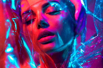 High Fashion model girl in colorful bright neon lights posing in studio through transparent film. Portrait of beautiful young woman in UV. Art design colorful make up. On colourful vivid background