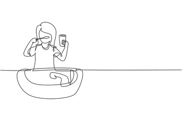 Single continuous line drawing girl brushing her teeth in sink. Routine habits every morning for cleanliness, health, and freshness of mouth and teeth. One line draw graphic design vector illustration