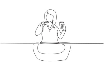 Single continuous line drawing woman brushing her teeth in sink. Routine habits every morning for cleanliness, health, freshness of mouth and teeth. One line draw graphic design vector illustration