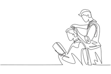 Single continuous line drawing barber shop client, which is getting his perfect haircut from a classy dressed stylist, reading the magazine and waiting for result. Dynamic one line draw graphic design