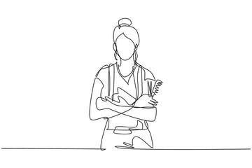 Obraz premium Single one line drawing portrait of smiling owner of hairdresser salon. Young woman barber beautician. Hairstylist or hair style beauty concept. Continuous line draw design graphic vector illustration