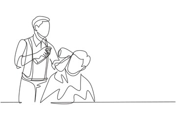 Single continuous line drawing barber makes hair styling with hair spray after haircut at barber shop. Young handsome man getting haircut in modern hair salon. Dynamic one line draw graphic design