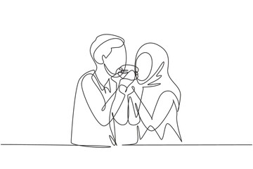 Single one line drawing young Arabian couple sharing hamburger. Celebrate wedding anniversaries and enjoy romantic lunch at restaurant. Modern continuous line draw design graphic vector illustration
