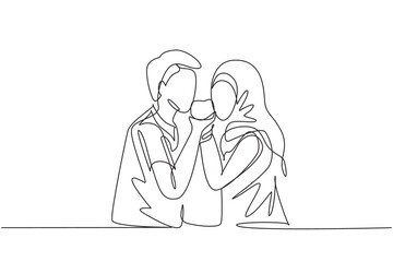 Continuous one line drawing young Arabian couple sharing apple. Celebrate wedding anniversaries and enjoy romantic lunch at modern restaurant. Single line draw design vector graphic illustration