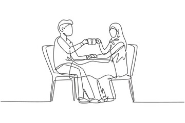 Continuous one line drawing young Arabian couple having romantic dinner, both holding cups. celebrating wedding anniversary at luxury restaurant. Single line draw design vector graphic illustration