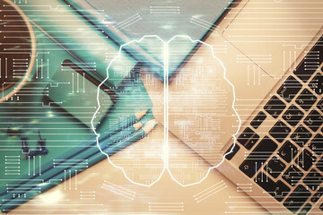 Multi exposure of brain sketch hologram over topview work table background with computer. Concept of big data.