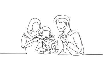 Single continuous line drawing Arabian family having fun together in restaurant. Parents feeds they boy with love. Happy little family concept. Dynamic one line draw graphic design vector illustration