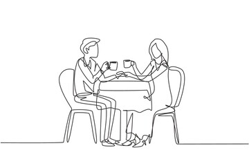 Fototapeta na wymiar Single continuous line drawing young couple face to face having a romantic dinner, both holding cups. Celebrating wedding anniversary at restaurant. One line draw graphic design vector illustration