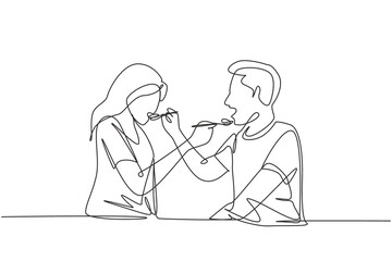 Continuous one line drawing romantic young couple feeding each other. Having fun dinner together at restaurant. Celebrate wedding anniversaries. Single line draw design vector graphic illustration