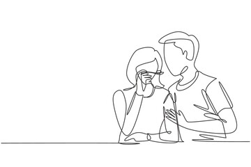 Single continuous line drawing romantic female feeds her husband. Happy couple having dinner together at restaurant. Celebrate wedding anniversaries. One line draw graphic design vector illustration