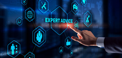 Expert advice. Businessman hand touching inscription on virtual screen
